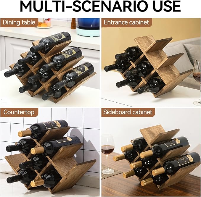 KIRIGEN Wooden 8-Bottle Wine Rack, 3-Tier Countertop Wine Bottle Holder for Cabinets, Bar Cart, Kitchen Counter, Pantry, Dining Room, 16.73 x 5.9 x 11.14 in, XHJJ3-DBR