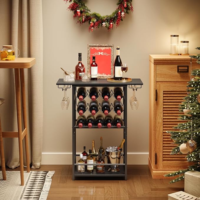 HOOBRO 5-Tier Wine Rack with Glass Holder, Wine Storage Freestanding Floor, Versatile Corner Liquor Cabinet, Alcohol Bottle Display Shelf for Home Bar, Kitchen, Living Room, Black BB68JJ01