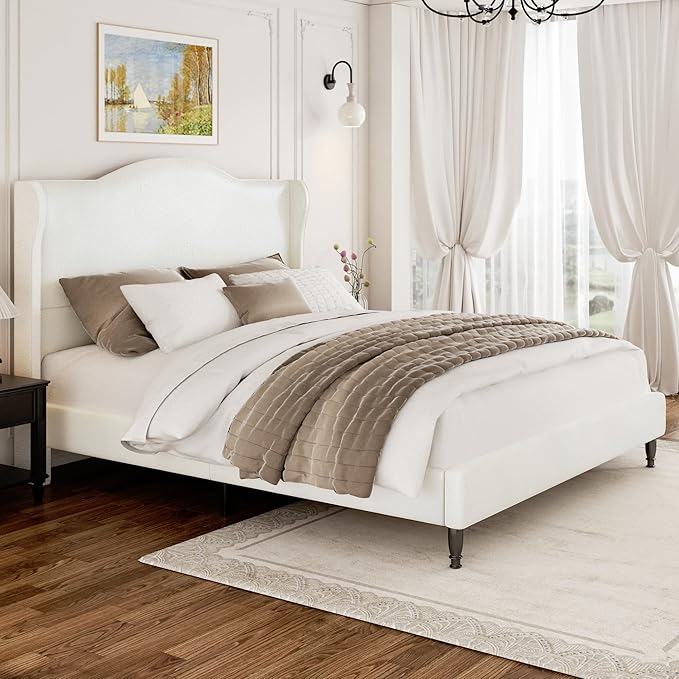 Upholstered Queen Bed Frame with Tall Headboard, Leather Platform Bed Frame with Wingback Sides, Wood Slats Support, Noise-Free Design, No Box Spring Needed, Easy Assembly, White