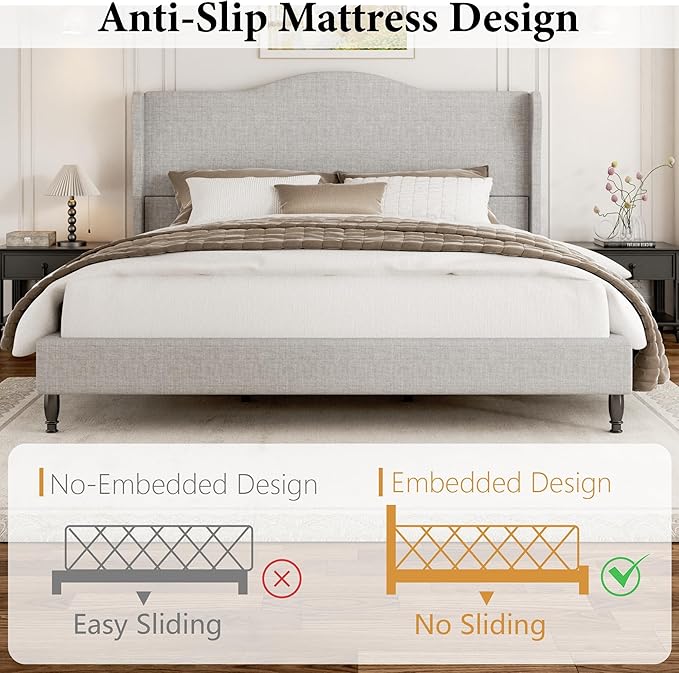 King Bed Frame with Headboard, Upholstered Platform Bed with Tall Wingback Headboard, Sturdy Wood Slats Support, Easy Assembly, No Box Spring Needed, Modern Style for Bedroom, Beige