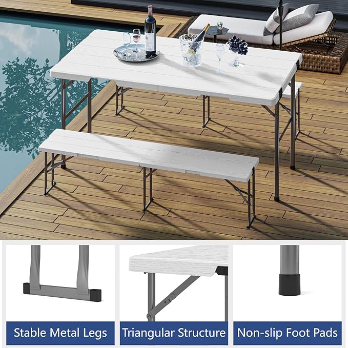 Folding Table with 2 Benches Set, 6FT Picnic Table with 2 Chairs, 3pcs Plastic Camping Tables and Foldable Bench Sets Indoor & Outdoor for Party, Camping, Picnic, Wedding, BBQ, White