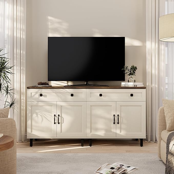 FENSULN Buffet Sideboard Cabinet Farmhouse Modern Storage Cabinet with Drawer and Doors for Kitchen, Coffee Bar, Living Room, White
