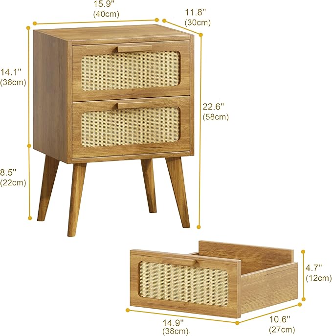 YAUKOMEL Rattan Nightstand, Wood End Table, Side Table with 2 Hand Made Rattan Decorated Drawers,Boho Bedside Table,Wood Accent Table with Storage for Livingroom, Bedroom, Toffee Wood CTG59T