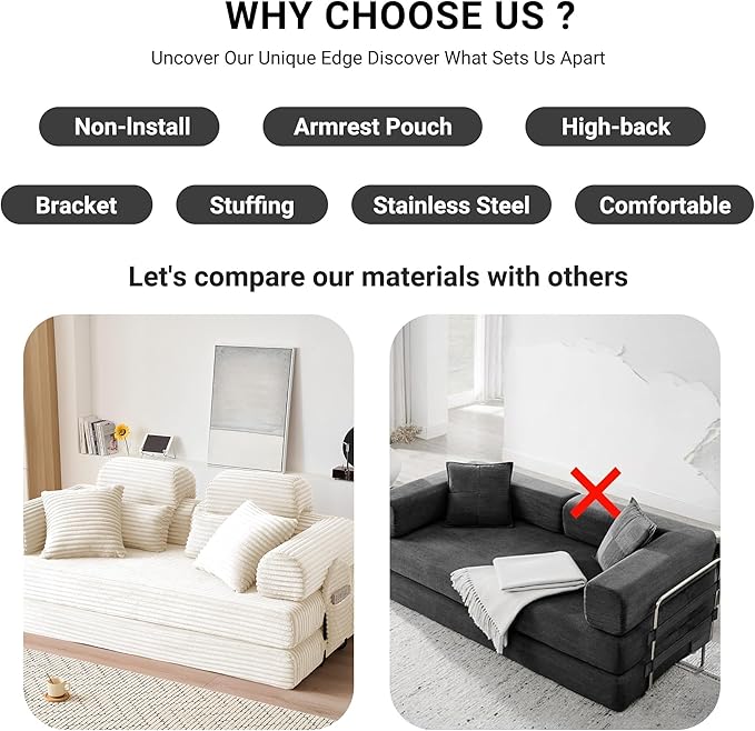 78.8" Convertible Sofa Bed with High Backrest Headrest, 5-in-1 Corduroy Boneless Couch with Side Pocket, Sleeper Loveseat Couch Bed Sectional Couches for Living Room, No Assembly, White