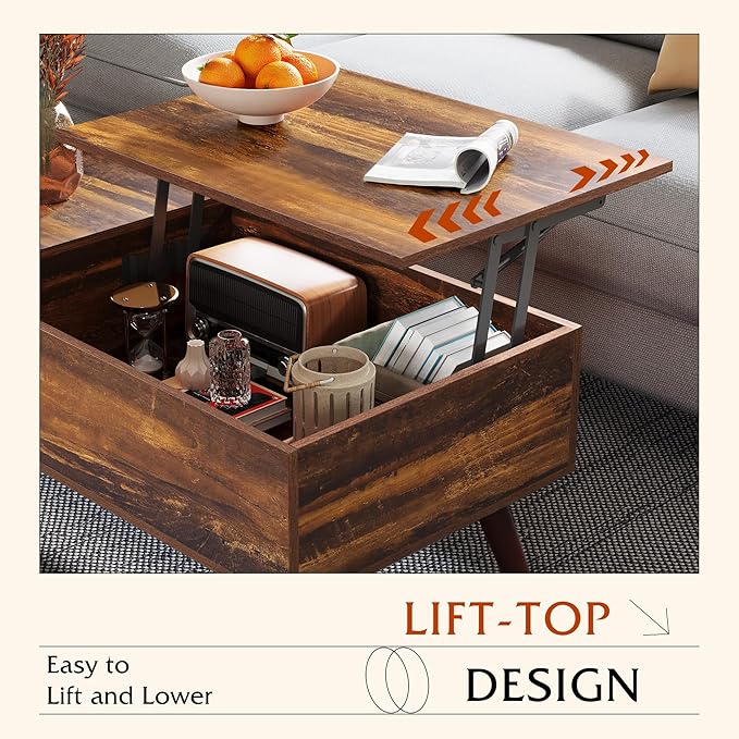 WLIVE Coffee Table with Lifting Top, Hidden Storage & Adjustable Shelf for Living Room Small Space, Multifunctional Rising Wooden Center Table, Mid Century Modern Tables for Home Dining Office, Brown