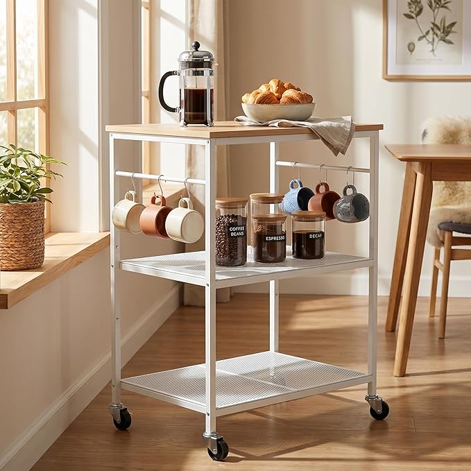 Homleke 3-Tier Rolling Kitchen Microwave Cart, Kitchen Utility Cart on Lockable Wheels, Coffee Bar Table Station with 6 S-Shaped Hooks, Small Appliance Storage Shelf, White and Natural