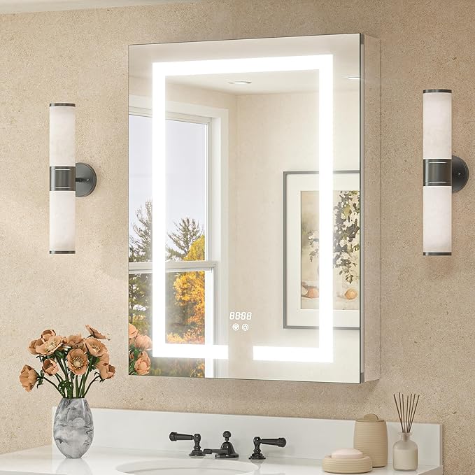 TETOTE 24 x 32 LED Lighted Medicine Cabinet with Lights & Outlets & USB, Recessed or Surface Mount Medicine Cabinet Mirror for Bathroom with Storage, Tempered Glass, 3-Color Dimming, Adjustable Shelf