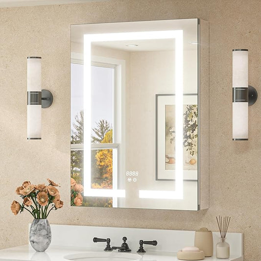 TETOTE 24 x 32 LED Lighted Medicine Cabinet with Lights & Outlets & USB, Recessed or Surface Mount Medicine Cabinet Mirror for Bathroom with Storage, Tempered Glass, 3-Color Dimming, Adjustable Shelf