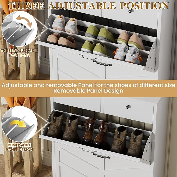 Metal Shoe Storage Cabinet for Entryway,White Shoe Cabinet with 2 Flip Drawers & 2 Top Drawers Hidden Slim Shoe Organizer Rack Freestanding Narrow Entrance Shoe Cabinet with Leg for Hallway Front Door