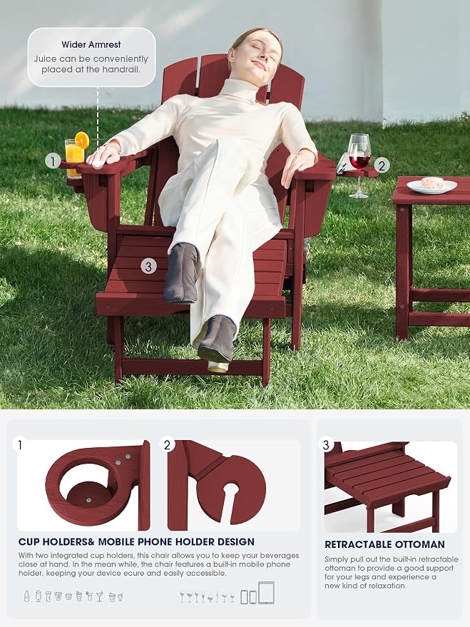 KINGYES Folding Adjustable Adirondack Chair with Ottoman & 2 Cup Holders, HDPE Reclining Adirondack Chair with Footrest, Red