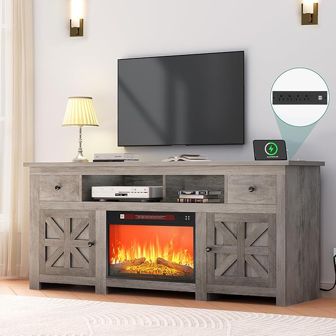YITAHOME Electric Fireplace TV Stand for TVs up to 80 Inches, Entertainment Center with Fireplace, Farmhouse TV Stands with Storage Drawers & Cabinets for Living Room (Grey Oak)