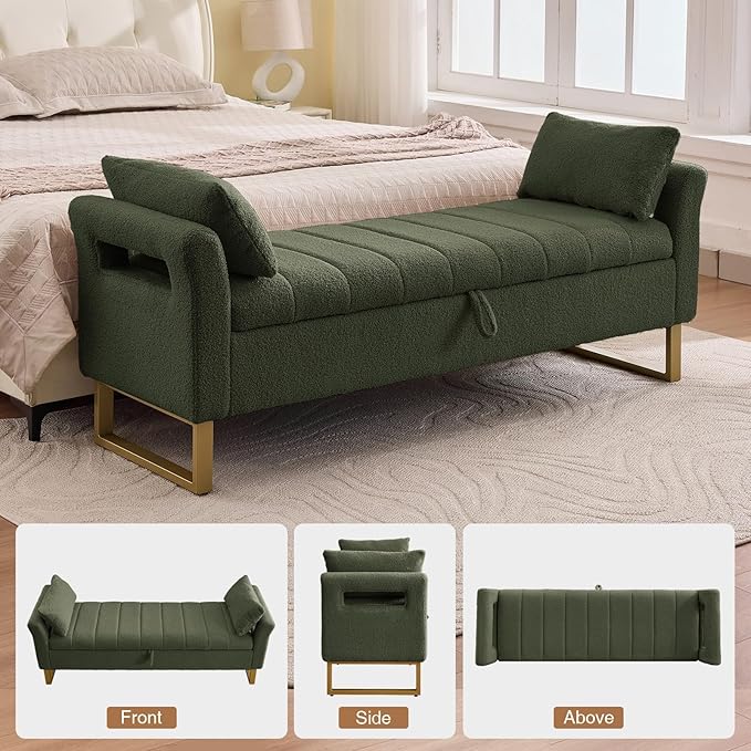 66'' King Size Bedroom Bench with Storage End of Bed, Boucle Bedroom Benches for Foot of Bed with Gold Legs, Teddy Storage Bench with Armrest, Olive Green