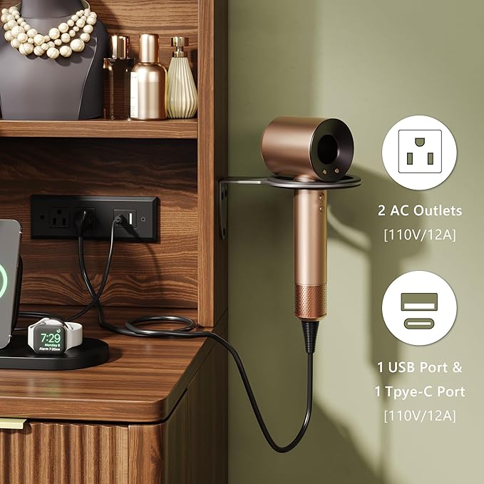 Einhomn Vanity Desk w/5x Magnifying Mirror, Fluted Makeup Vanity w/Mirror and Lights, Glass Top Vanity, Dressing Table w/Power Outlet & Drawers, Adjustable Shelves for Bedroom, Women & Girls, Brown