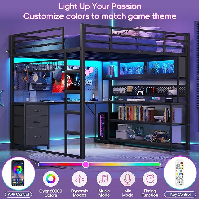 ADORNEVE Gaming Loft Bed Full Size with L-Shaped Desk, Arcylic RGB Hutch & Safety Power Outlet, Metal Loft Bed Frame with Storage Drawer, Shelves, Safety Guardrail, Space Saving for Teens, Black