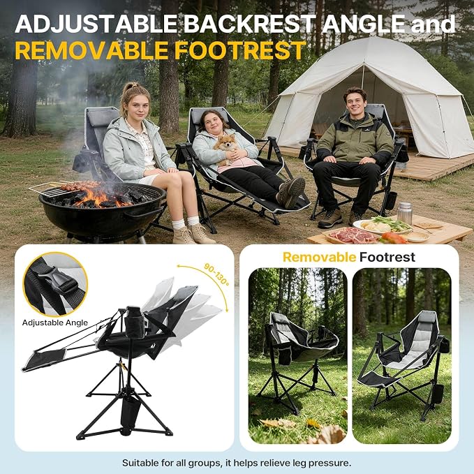 ZENPETIO Hammock Camping Chair with Footrest, Oversized Portable Folding Camp Chairs for Adults, Heavy Duty Outdoor Rocking Camp Chair with Cup Holder & Pillow for Beach, Patio, Lawn, 500 LBS