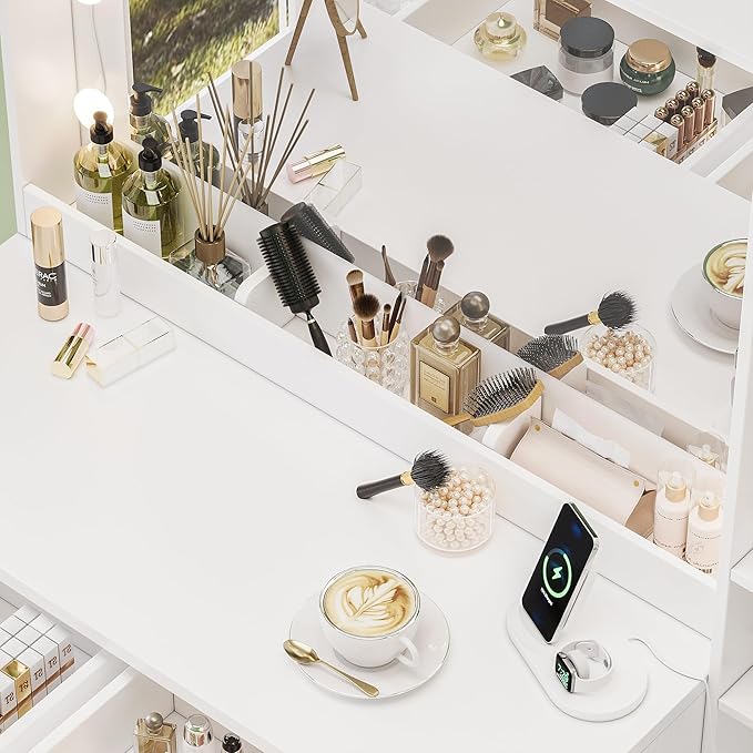 Makeup Vanity with Lights & Charging Station, White Vanity Table with 5 Drawers & Open Storage Shelves, Vanity Desk with Mirror & Lights, Dressing Table Set, Bedroom Makeup Table Set Black Handle