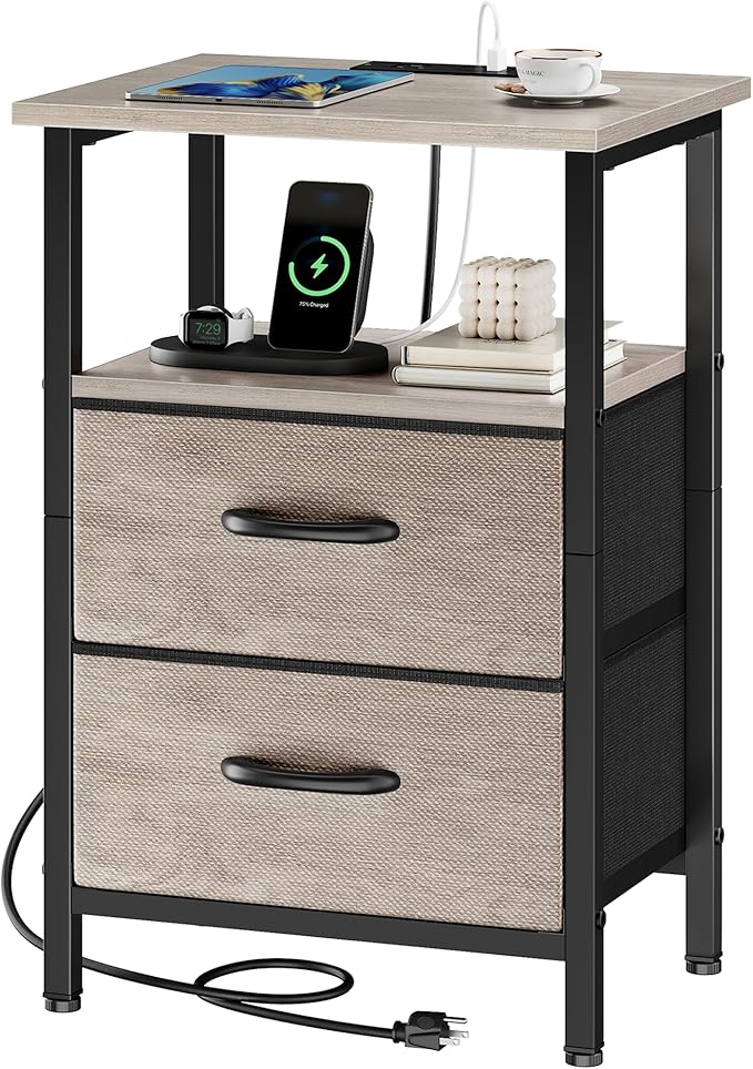 Vagusicc Nightstand with Charging Station, Side Table with 2 Fabric Drawers, Bedside Table with Open Shelf, 24.2" Tall End Table with USB Ports and Outlets, Night Stand for Bedroom, Greige