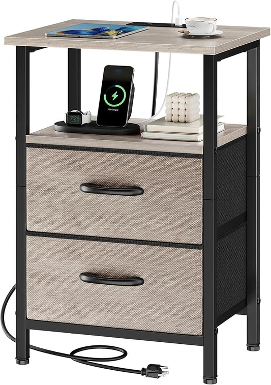Vagusicc Nightstand with Charging Station, Side Table with 2 Fabric Drawers, Bedside Table with Open Shelf, 24.2" Tall End Table with USB Ports and Outlets, Night Stand for Bedroom, Greige