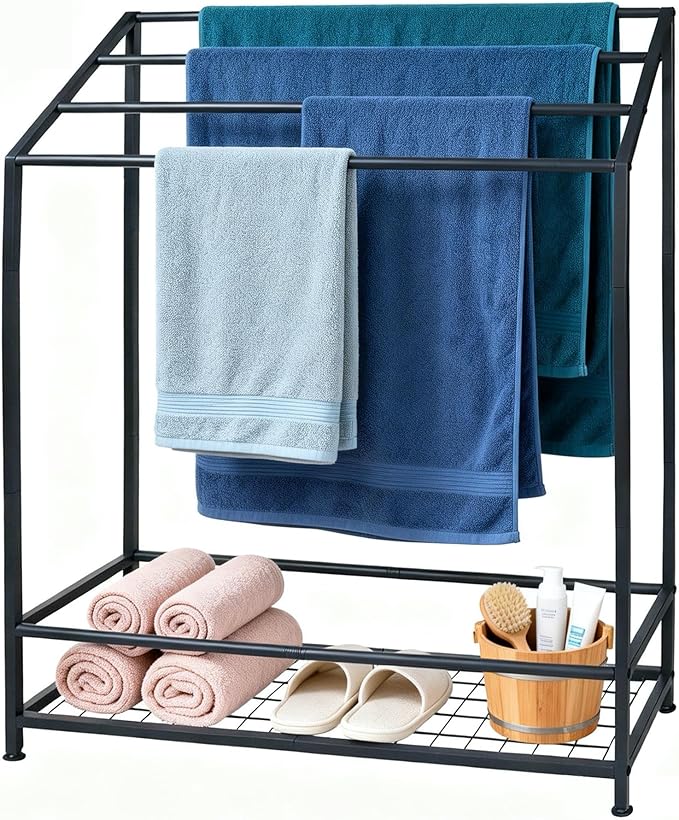 Hjarta Extra Wide 31.5 Inch Standing Towel Rack, Tall 40 Inch Free Standing Towel Rack with Storage Shelf, 4 Tier Towel Stand for Bathroom Outdoor Poolside