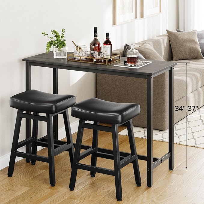 Raynesys Counter Height Bar Stools Set of 3, 24 Inch Barstools for Kitchen Counter, Kitchen Stools with Bonded Leather Saddle Seats & Heavy Duty Metal Legs, Easy Assembly, Gray/White