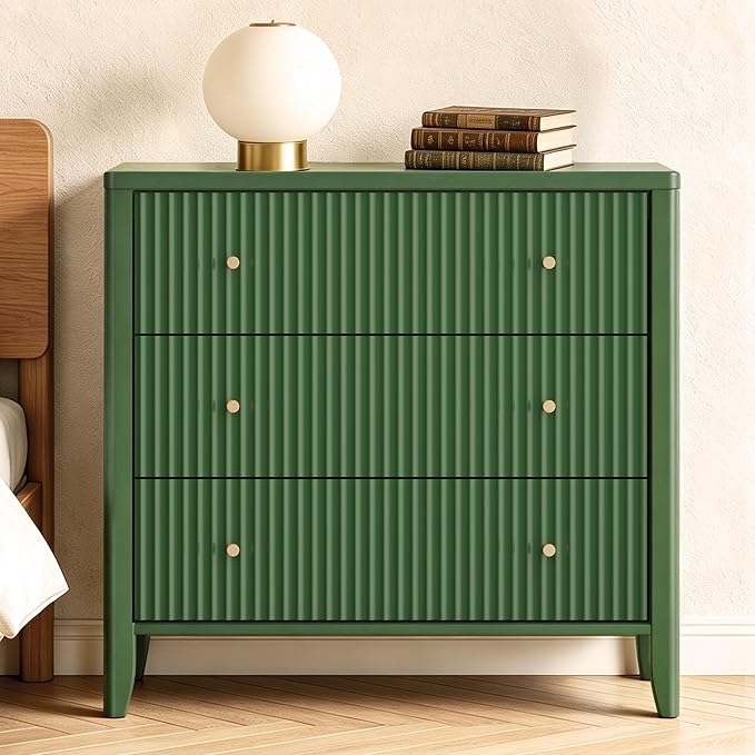 Fatmok Fluted 3 Drawer Dresser for Bedroom, 34" Wide Chest of Drawers, Modern Wood Nightstand End Table with Metal Handles, Striped Storage Cabinet for Living Room, Hallway, Entryway, Green