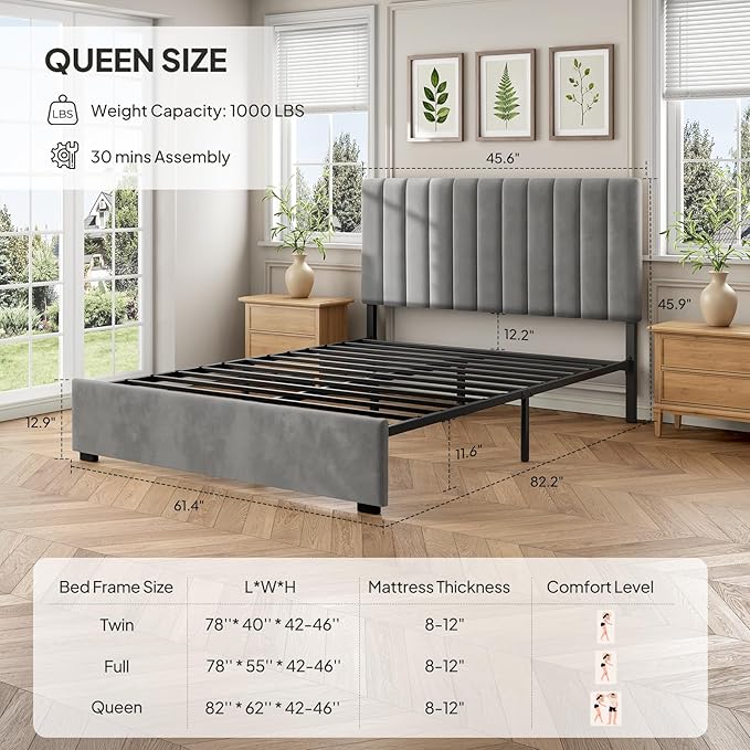 Welzona Upholstered Bed Frame Queen Size with Headboard, Fully Velvet Metal Platform Bed with Vertical Channel Tufted Headboard, 3-Level Height, Metal Slat Support, Noise-Free Easy Assembly, Grey