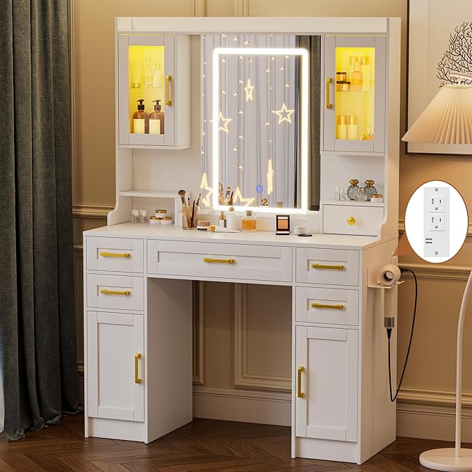 KAMABOKO Vanity Desk with Mirror and Lights, Makeup Vanity Table with Drawers & Shelves, Power Outlet, Dressing Table with Jewelry Storage for Bedroom (043 White)