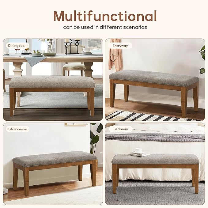 HUIMO Kitchen & Dining Room Benches, Fabric End of Bed Bench with Solid Wood, Upholstered Entryway Bench for Living Room, Bedroom (Brown)