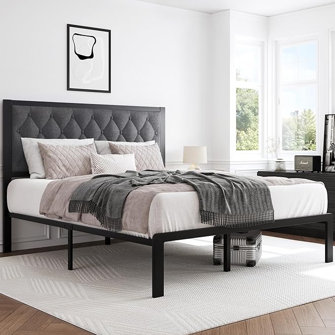 HISOFT Queen Bed Frame with Upholstered Button Tufted Headboard, Bed Frame Platform Metal Slats Support, Under Bed Storage, No Box Spring Needed, Noise-Free, Easy Assembly, Grey