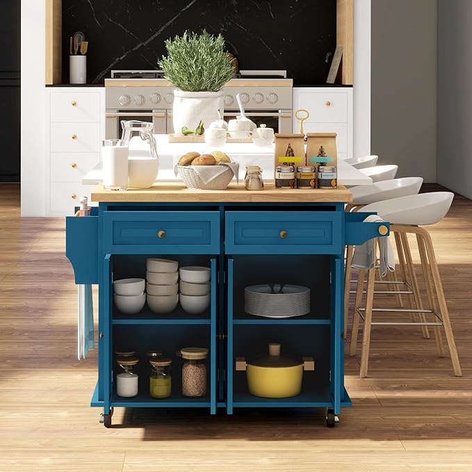 HOMCOM Kitchen Island Cart with Solid Wood Top, 44" Mobile Kitchen Island Table on Wheels with Storage Cabinets, 2 Drawers, Adjustable Shelves, Spice Rack & Towel Bar for Dining Room, Turquoise