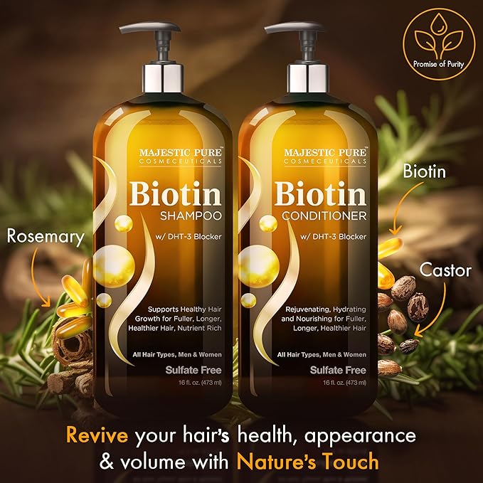 MAJESTIC PURE Biotin Shampoo and Conditioner Set with DHT Blocker Complex - Hydrating, Nourishing & Supporting Healthy Hair, Sulfate Free, for Men & Women - 16 fl oz each
