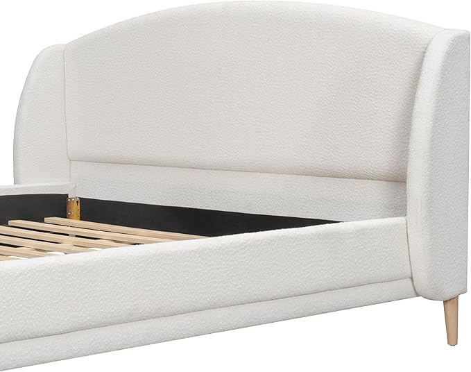 Hazel California King Size Bed Frame, Upholstered Platform Bed, Soft Boucle Headboard, Wood Bed Support and Slats, Curved-Shaped Headboard California King Bed, 43.90" H White