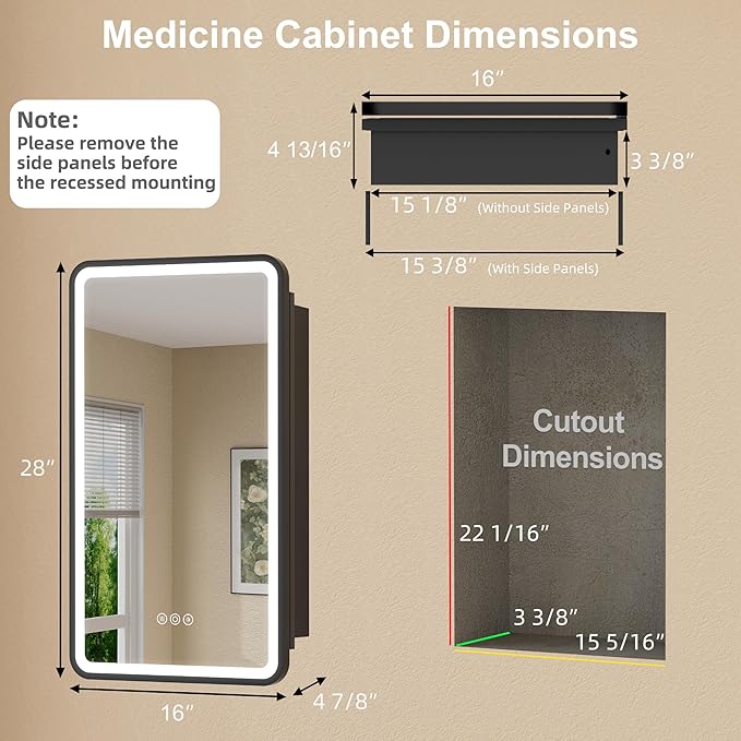 16 x 28 Inch Recessed Medicine Cabinet Mirror with Lights, Wall Mounted LED Bathroom Mirror Cabinet, Dimmable, Anti-Fog, Memory Function, 3 Color Modes, Adjustable Shelf, ETL Certified, Black