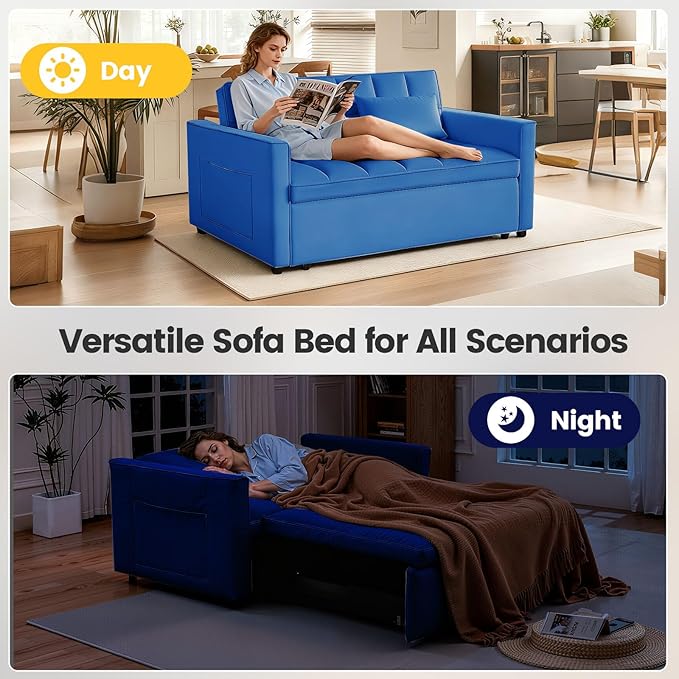 3 in 1 Convertible Sleeper Sofa Bed, Velvet Fabric Loveseat Sofa Bed with Adjustable Backrest & Large Side Pockets, Pull Out Couch for Small Spaces, Apartment, Living Room, Blue