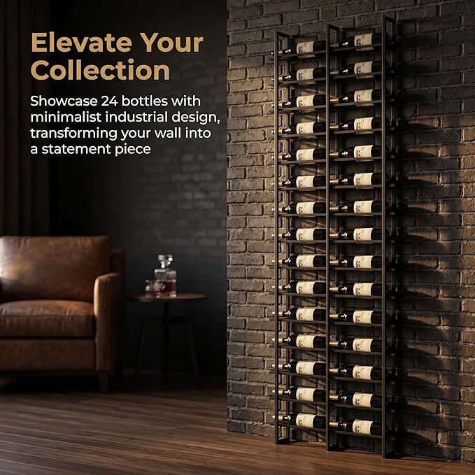 Large Wall Mount Wine Rack, 16 Tier 32 Bottle Wine Storage Organizer Display Holder, Metal Liquor Display for Wine Cellars, Home Bars, Kitchens, and Dining Rooms (Black, 32 Bottles)