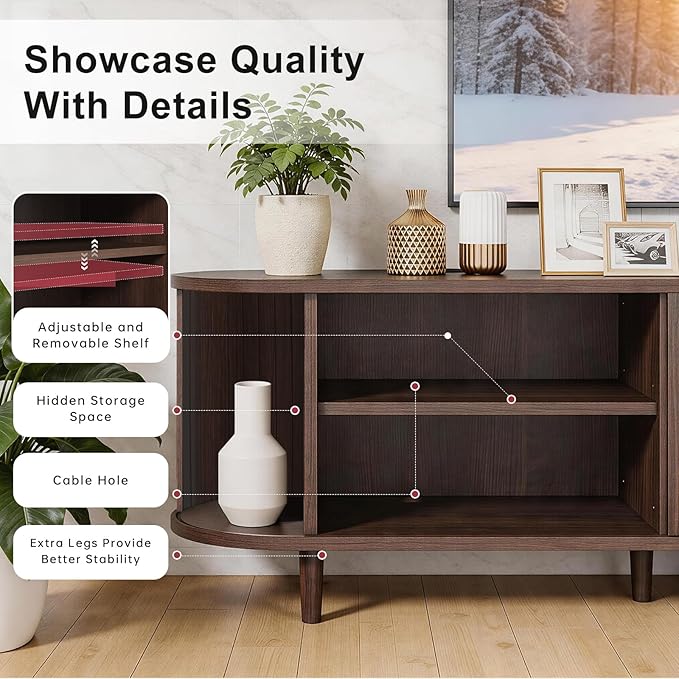 65" Mid Century Modern TV Stand, Wood TV Consoles with Sliding Doors and Power Outlet, Fluted Entertainment Center with Adjustable Shelves, Media Console for Living Room, Walnut