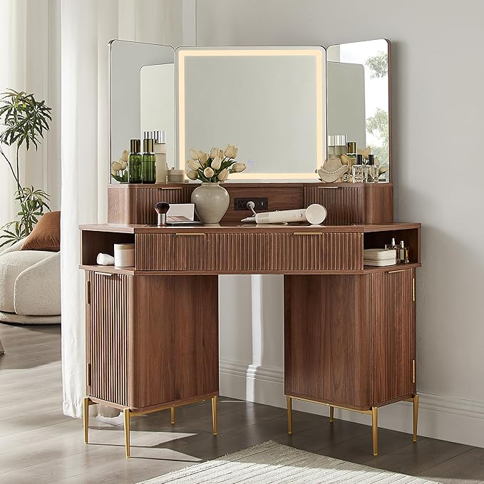 T4TREAM 48" Fluted Makeup Vanity Desk with HD Triple Mirror and Lights, Large Lighted Corner Vanity with Glass Top, Modern Dressing Table with 3 Drawers & 2 Cabinets for Bedroom, Light Walnut