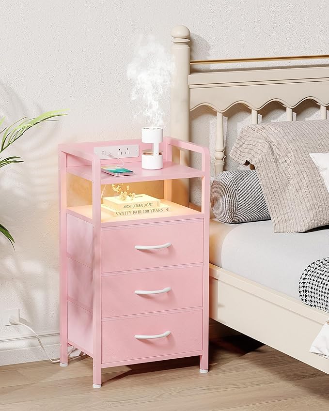 Lazzanto Night Stand Bedside Charger Bedroom - Nightstand with Charging Station & LED Light Strip, Night Stand with Storage Shelf & 3 Fabric Drawers, Morden End Table with USB Ports&AC Outlets,Pink