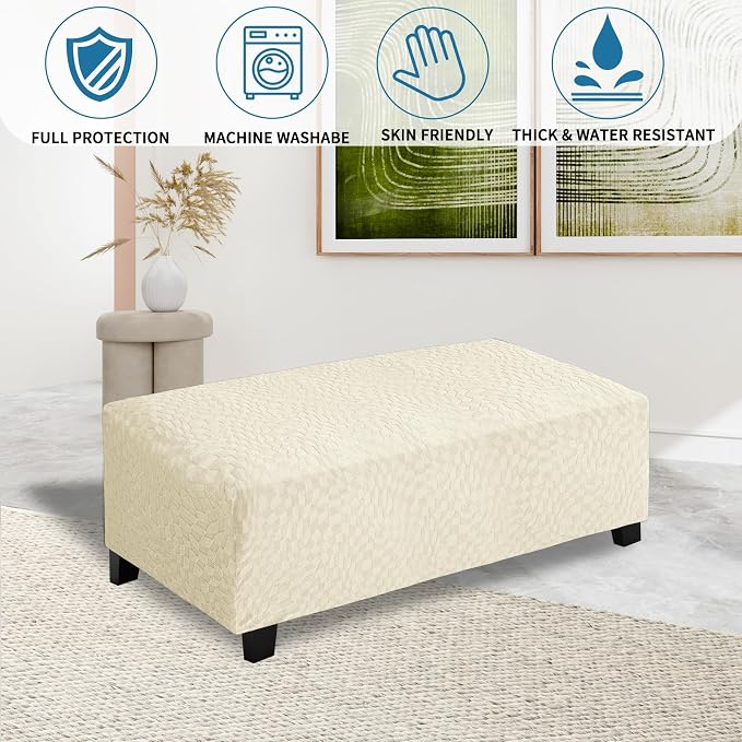 ZNSAYOTX 2026 Rectangle Ottoman Cover (L:57"-75") Super Stretch Soft Footrest Slipcover Form Fit, Universal Folding Foot Stool Covers with Non-Slip Elastic Band, Fashion Jacquard Texture, Beige