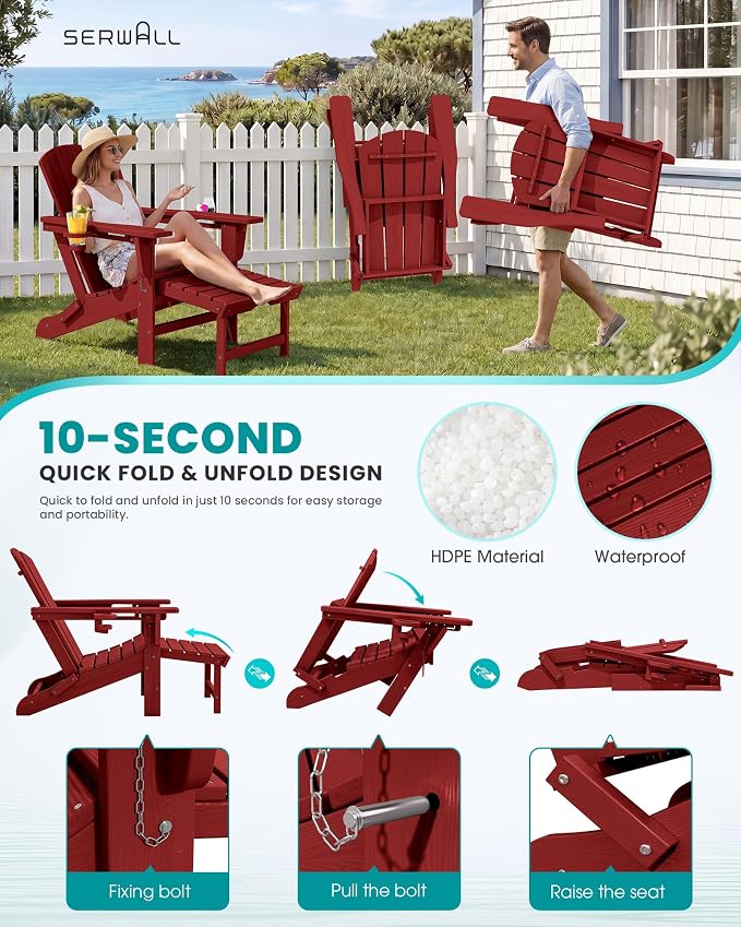 SERWALL Folding Adjustable Adirondack Chairs with Footrest Set of 4, HDPE Outdoor Chair with Dual Cup Holders, All Weather Adirondack Chair with Ottoman, Red