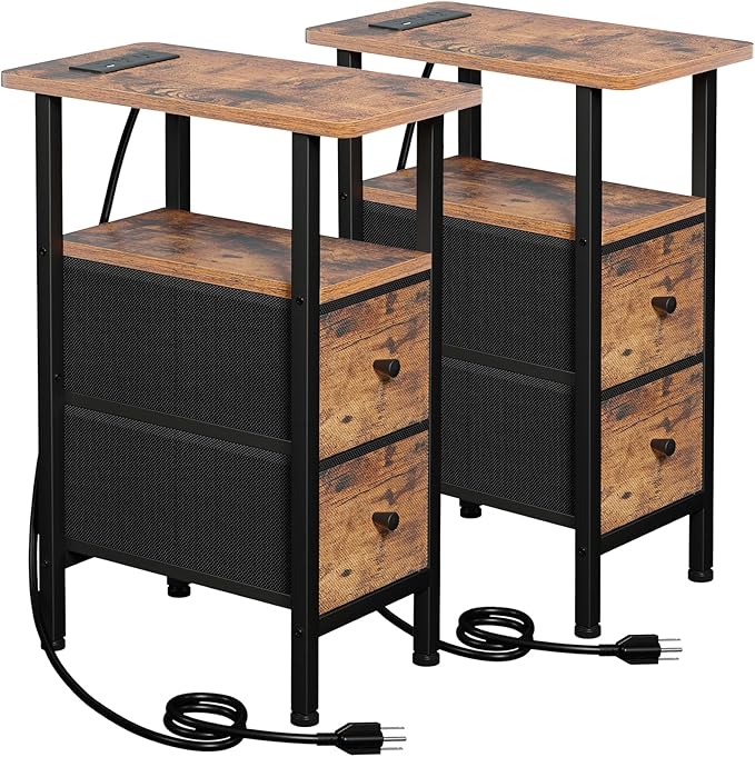 LOAKEKEL Narrow Nightstand with Charging Station, End Tables Living Room Set of 2, Skinny Side Table with Fabric Drawers, Slim Sofa Table for Bedroom, Small Spaces, Couch, Brown, HETNDP02BR