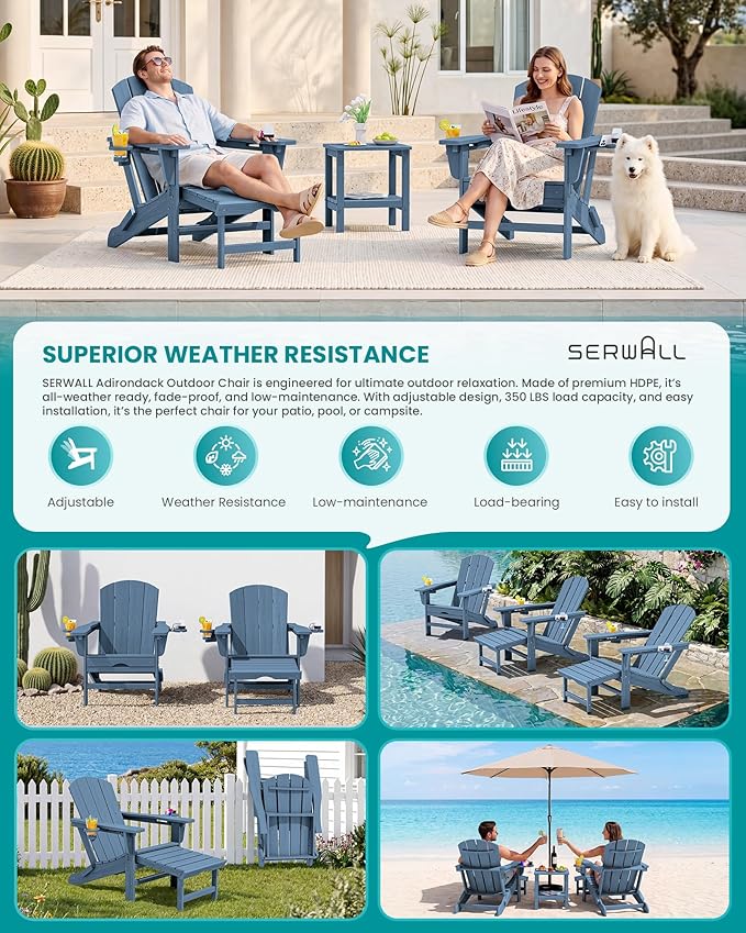 SERWALL Folding Adjustable Adirondack Chairs with Footrest Set of 4, HDPE Outdoor Chair with Dual Cup Holders, All Weather Adirondack Chair with Ottoman, Blue