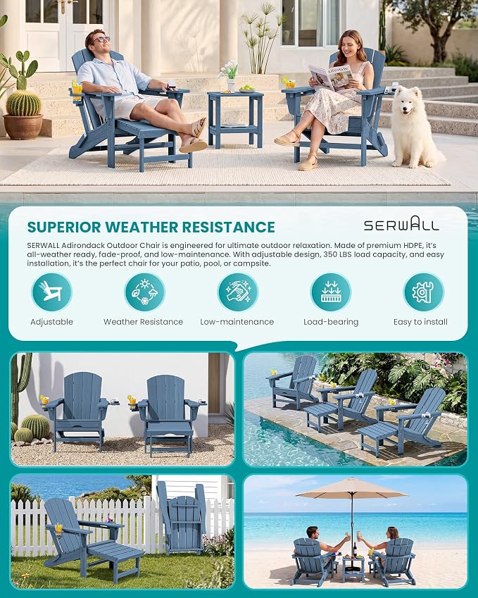 SERWALL Folding Adjustable Adirondack Chair with Footrest, HDPE Outdoor Chair with Dual Cup Holders, All Weather Adirondack Chair with Ottoman, Blue