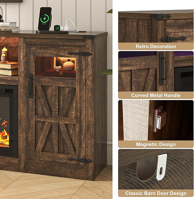 Fireplace TV Stand for 100 Inch TV, 95" Farmhouse Entertainment Center with 60" Electric Fireplace & LED Lights, Large Media Console for Living Room, Rustic Barn Doors, Power Outlets, Rustic Brown