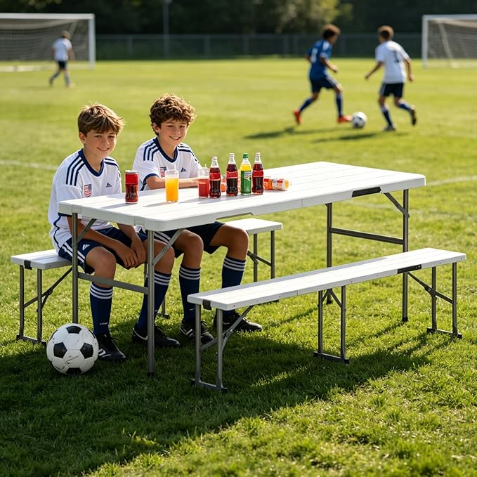 Folding Table with 2 Benches Set, 6FT Picnic Table with 2 Chairs, 3pcs Plastic Camping Tables and Foldable Bench Sets Indoor & Outdoor for Party, Camping, Picnic, Wedding, BBQ, White