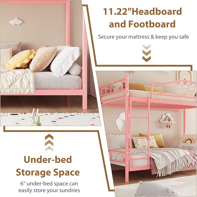IDEALHOUSE Bunk Bed Twin Over Twin with Ladder & Full Safety Guardrail, Heavy Duty Metal Twin Over Twin Bunk Bed 400 Lbs Load Capacity, Space-Saving, Noise Free, No Box Spring Needed, Easy Assembly, P