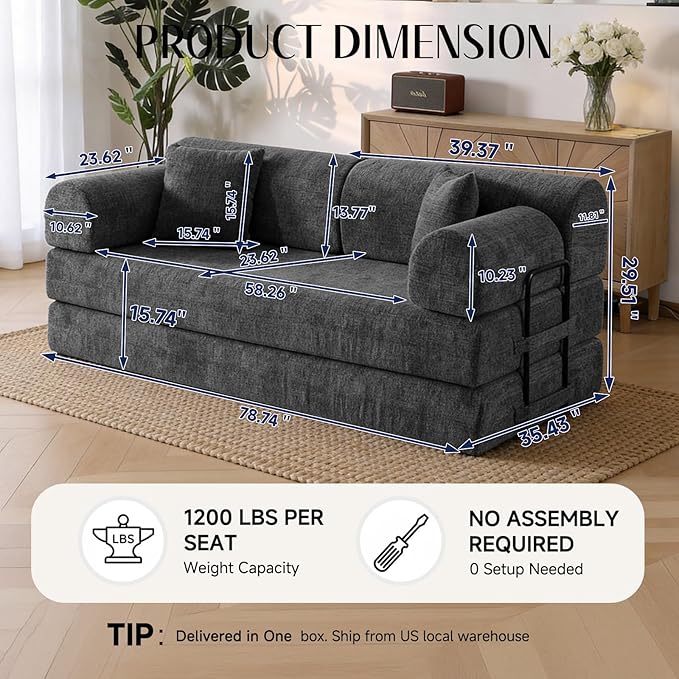 78.8" Convertible Sofa Bed with Detachable Arm Pillow, 6-in-1 Sectional Couches for Living Room, Corduroy Boneless Couch, Sleeper Loveseat Couch Bed, No Assembly, Speckled Black Couch