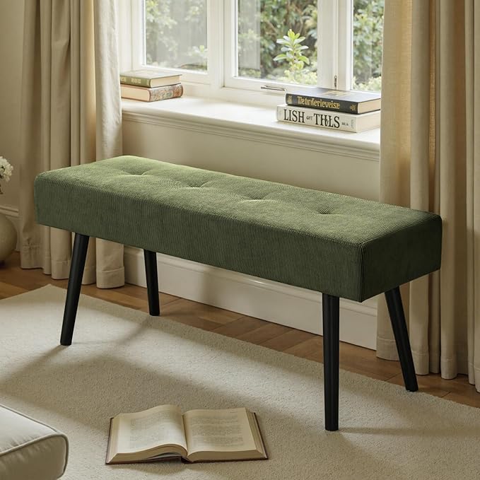 Comfy to go Entryway Bench - Green Bench for Bedroom, Modern Ottoman End of Bed, Corduroy Padded Benches for Living Room, Foyer, Mudroom, Hallway - 39" L x 14" W x 17" H