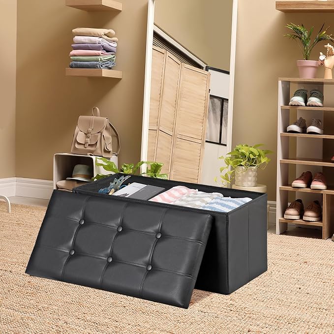 ZenStyle 30Inches Storage Ottoman Bench, Folding Footrest Stool, Storage Chest Long Shoes Bench with Foam Padded Seat, Holds up to 350 lbs, for Living Room, Entryway, Bedroom, (Black, 30 inches)