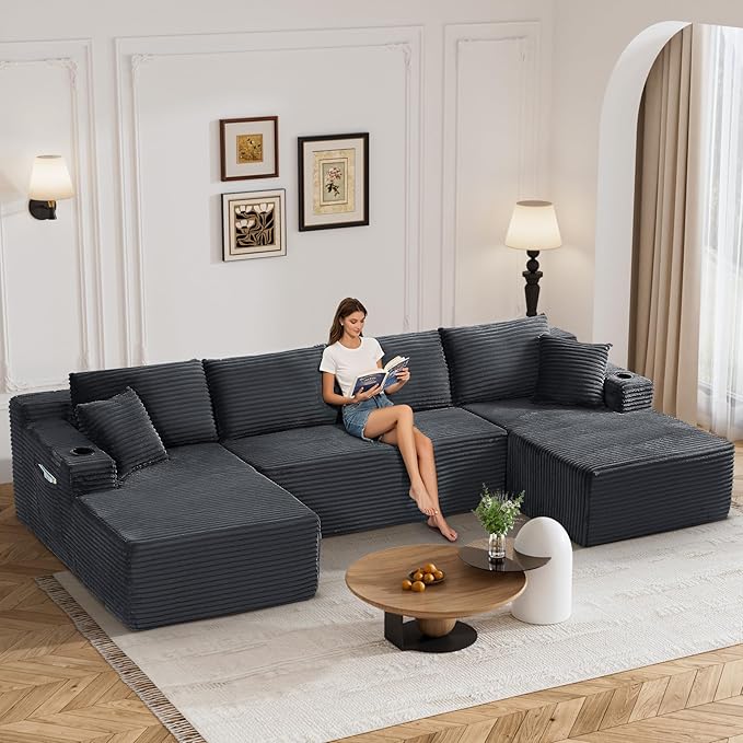 133" Oversized Cloud Boneless Sofa Couch with Chaise, Modern Corduroy U Shaped Modular Sectional Sofa with Deep Seat, Comfy Couch with Cupholders and Storage, No Assembly Required-Grey
